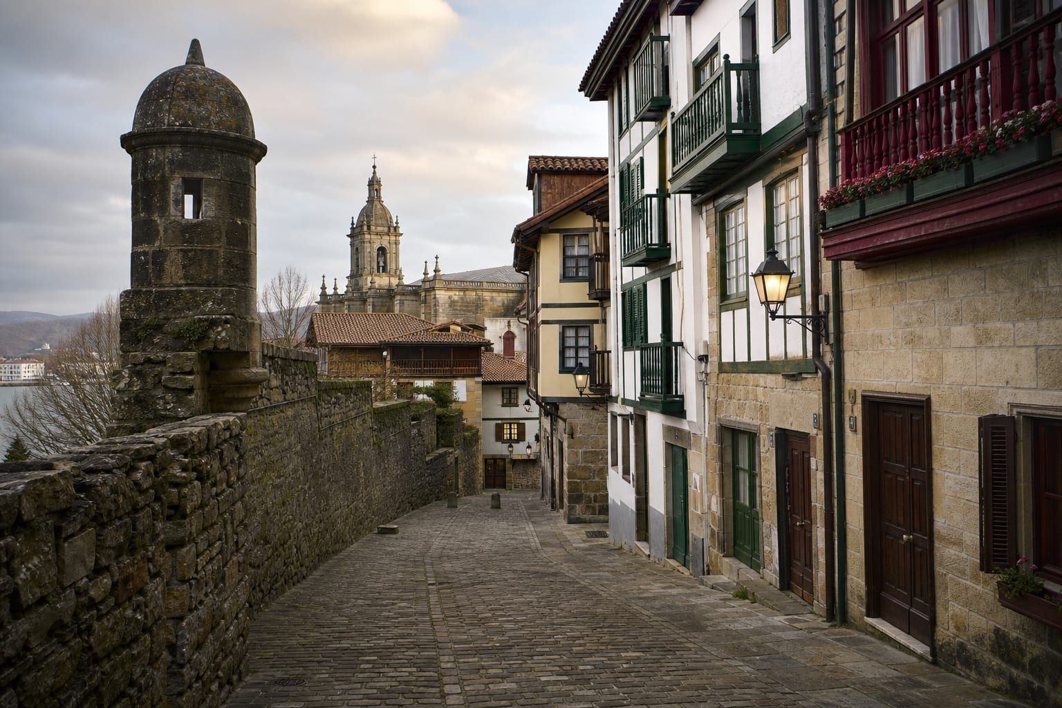 Cobbled street inside the walled old town of Hondarribia