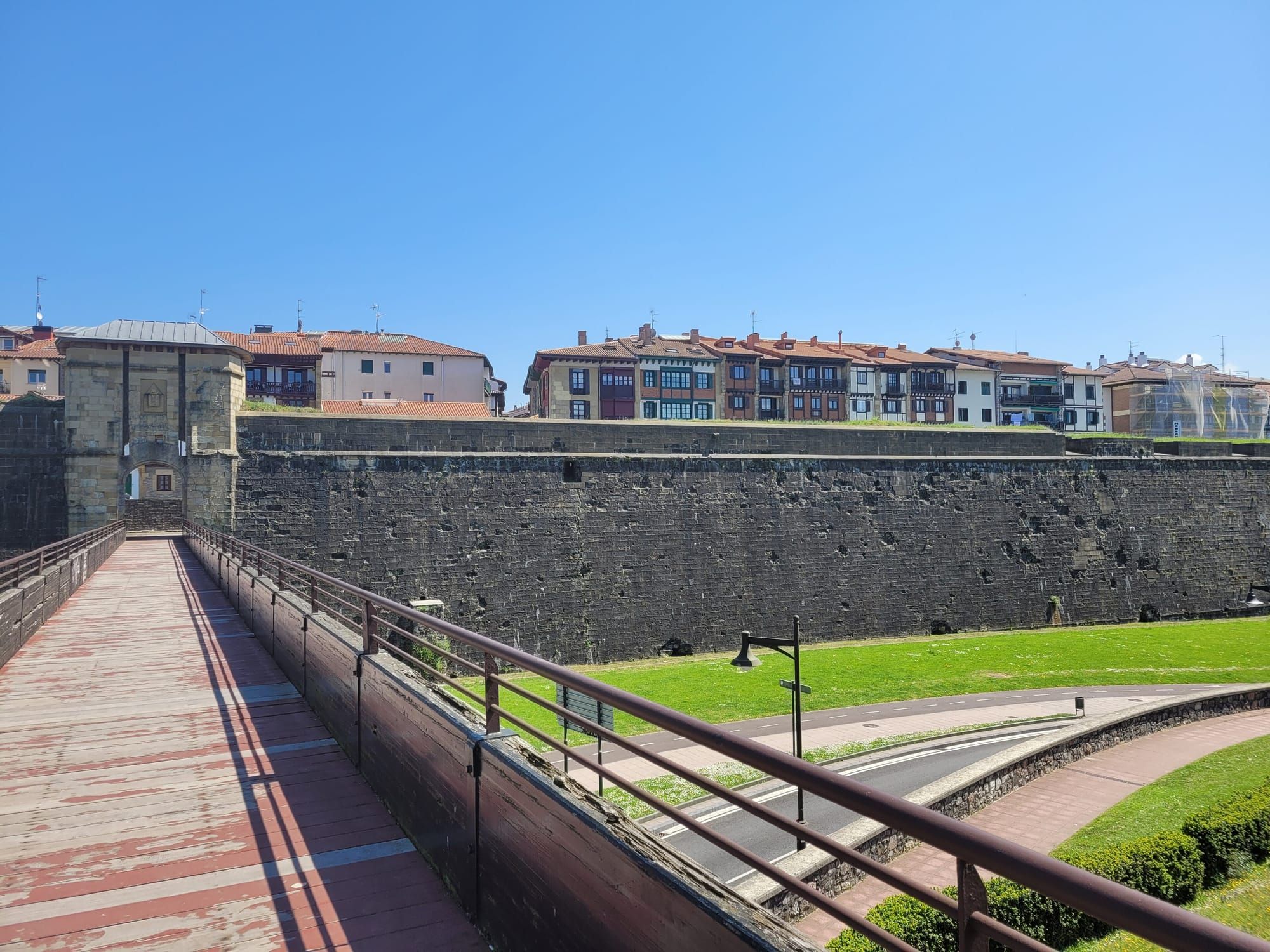 The town walls of Hondarribia, with houses along the top