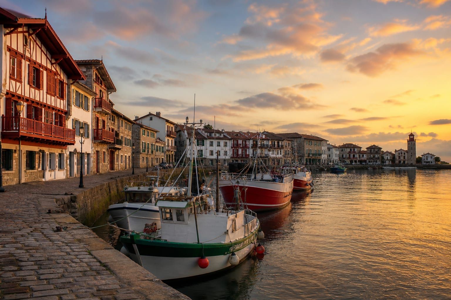 Saint-Jean-de-Luz harbour in the evening, fishing boats and Basque timber houses