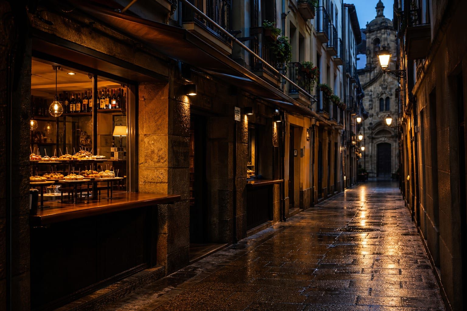 A narrow street in San Sebastián’s Parte Vieja at dusk