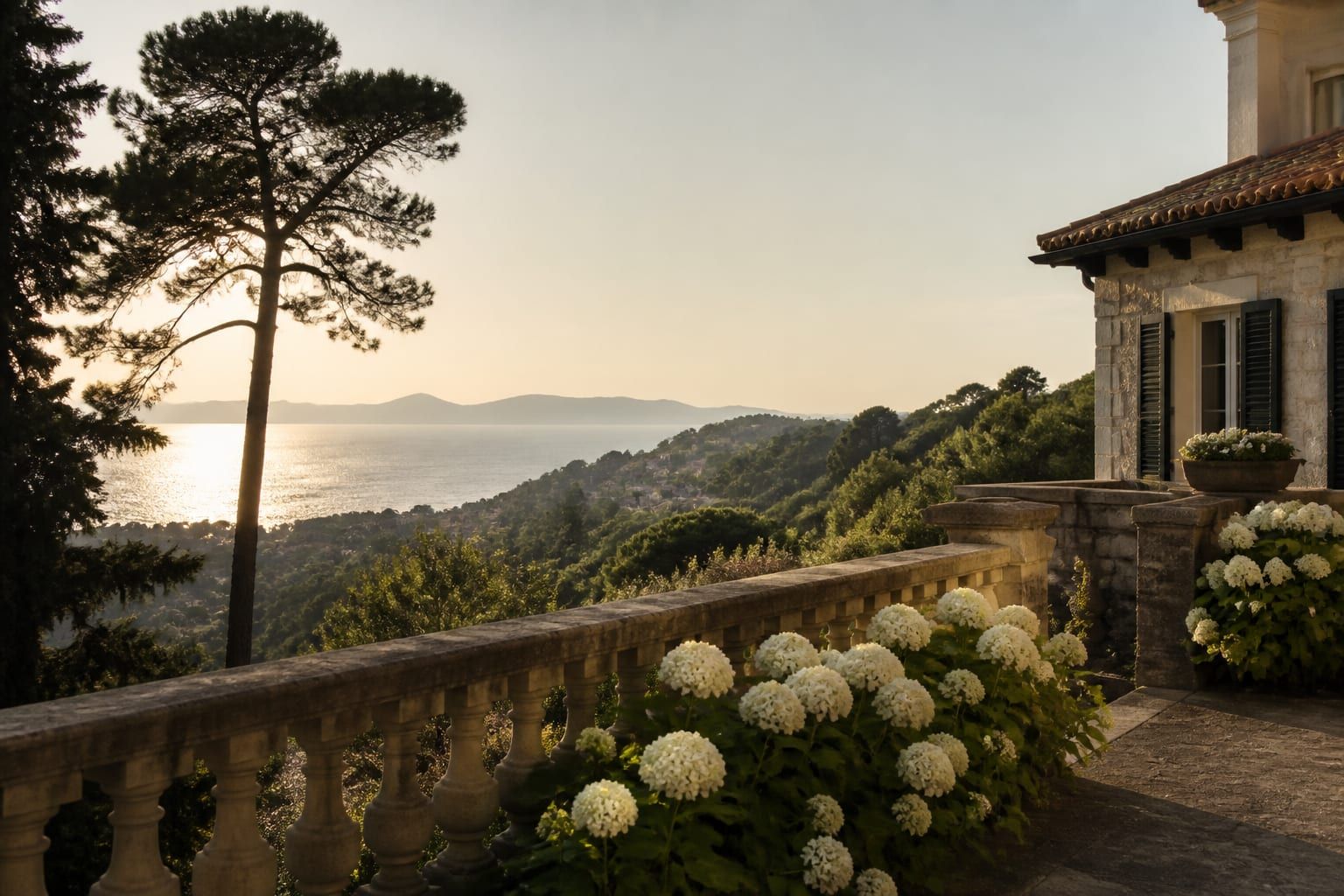 Garden of a Biarritz hill villa, hydrangeas in flower before a wedding lunch